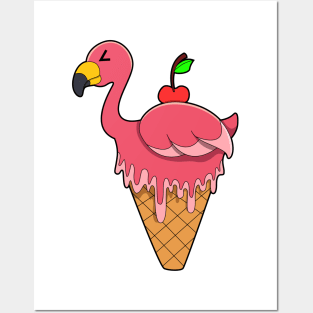 Flamingo with Waffle ice cream & Apple Posters and Art